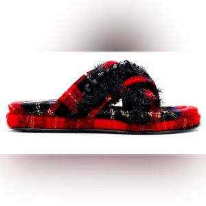 Simone Rocha Red & Black Beaded Tartan Wool Slides - EU 39